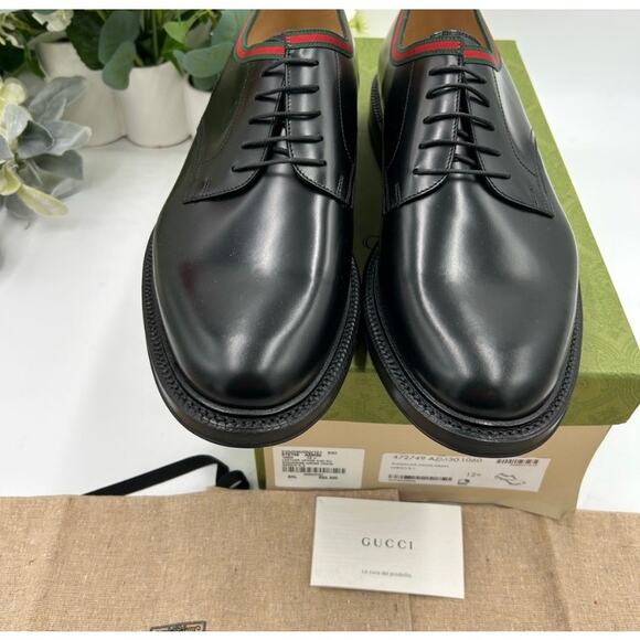 Men\'s Gucci Black Leather Derby Shoes with Green-Red Web Trim size 12.5